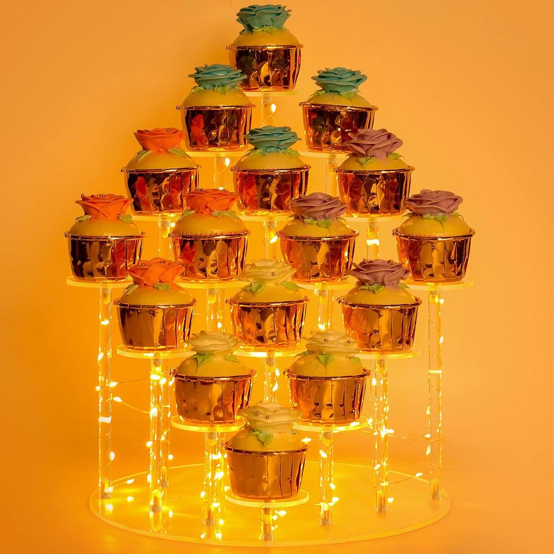 Cupcake Stand for 16 Cupcakes,Ideal Acrylic Cupcake Tower Stand with Yellow Lights,Cupcake Display Stands for Parties, Perfect Cupcake Holder for Dessert Tables.
