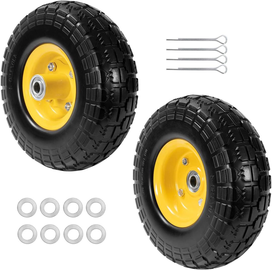 10" Solid Rubber Tires and Yellow Wheels 4.10/3.50-4 (10 x 3.5) Flat Free Tire with 5/8" Bearings,Heavy-Duty Replacement Tire For Gorilla Carts,Wagon,Wheelbarrow,Garden cart(2 Pack) (2pcs)