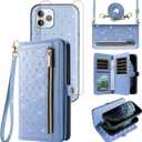 Phone Case for iPhone 11 Pro Max 6.9 inch Zipper Wallet Detachable Cell Cover Screen Protector Crossbody Strap Bling Flip Credit Card Holder i Phone16 16Pro i16 ProMax 16ProMax Women Girls Light Blue