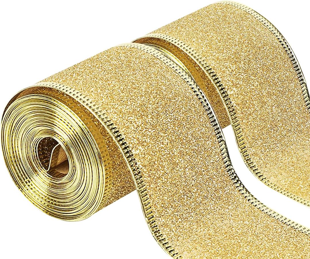 20 Yards Glitter Wired Ribbon with Metallic Edge, 2 Inch Christmas Ribbon for Wreath, Tree Decoration, Home Decor (Gold, 20 Yard)
