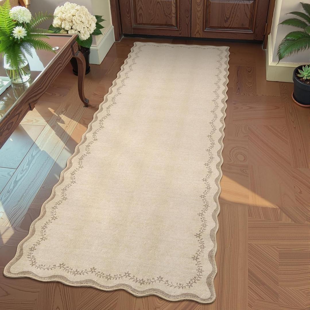 GarveeHome 2x6 Scalloped Washable Runner Rug for Kitchen, Soft Tan Jute Hallway Runner Non Slip Entryway Rug Farmhouse Thin Laundry Mat Stain Resistant Carpet for Bedroom Bathroom Beside Rug