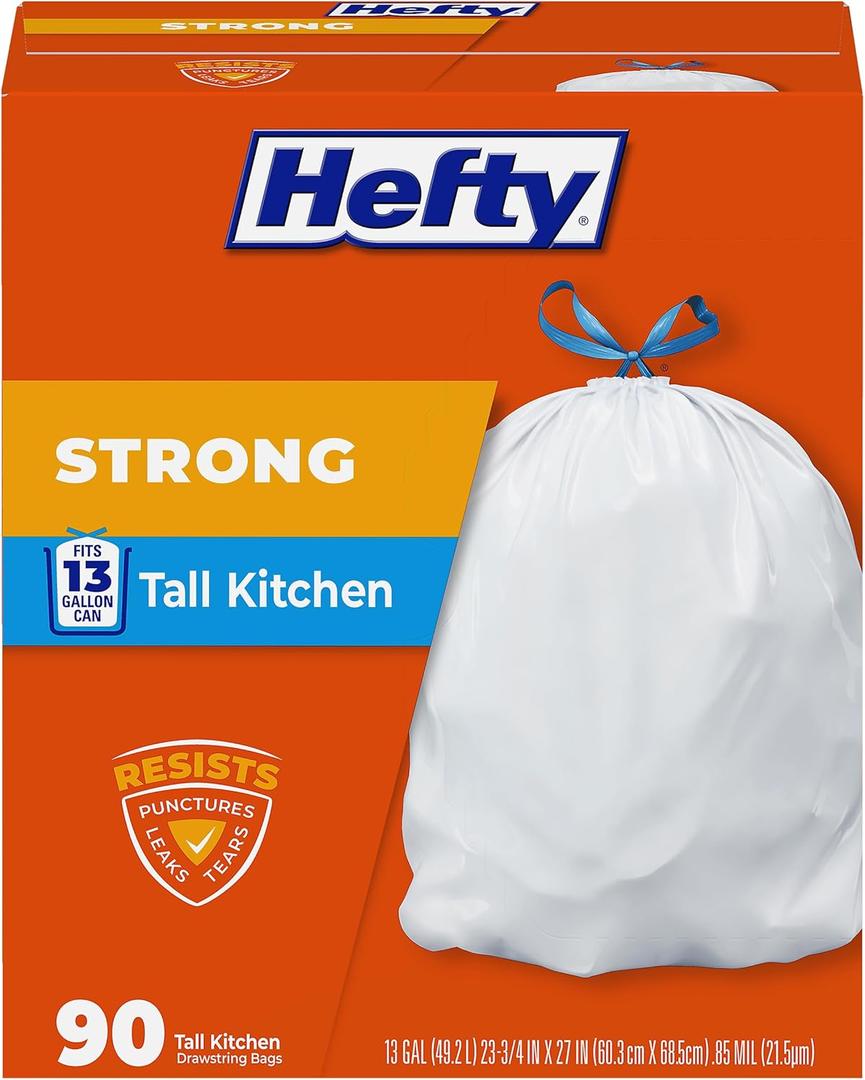 Hefty Strong 13 Gallon Trash Bags, Tall Kitchen, Drawstrings, Durable Closure, Resists Leaks, Punctures, Tears, White, Unscented, 90 Count