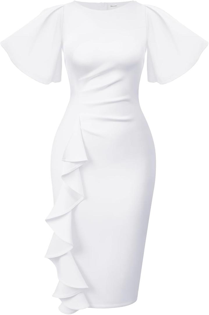 Memoriesea Women's Basic Vintage Ruffle Sleeve Ruched Bodycon Work Midi Pencil Dress, (XX-Large, White)