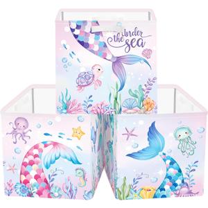 Clastyle Mermaid Tail Kid Storage Cube Organizer Set with Metal Frame Ocean Animal Turtle Closet Clothes Toy Storage Bin Nursery Toddler Girl Book Shelf Basket, Colorful Seaweed, 11.8x11.8x11.8 in