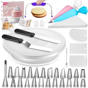 Syntus 65 PCs Cake Decorating Kit with Cake Stand Turntable, Cake Baking Supplies 30+1 Piping Bags, 24 Piping Tips, Offset & Straight Spatulas, 3 Scrapers, Leveler, 2 Couplers & 1 Tips Brush (White)