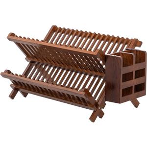 HBlife Dish Rack,Teak Folding 2-Tier Collapsible Drainer Dish Drying Rack with Utensils Flatware Holder Set
