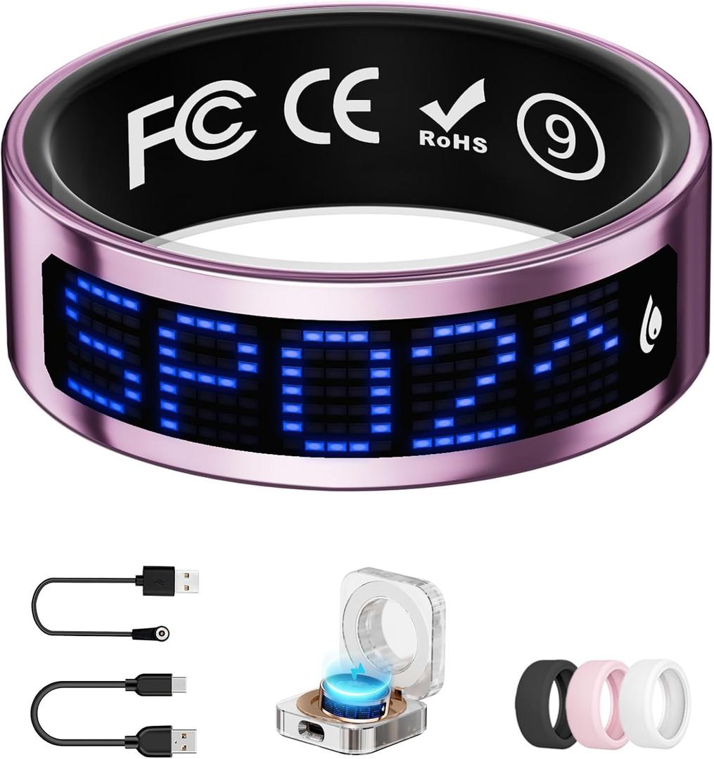 Smart Ring for Women & Men with Display, Health Ring with Heart Rate, Sleep Monitor, IP68 Waterproof Fitness Ring, Fitness Tracker Ring, No APP Fee for iPhone and Android (Pink, 9#)