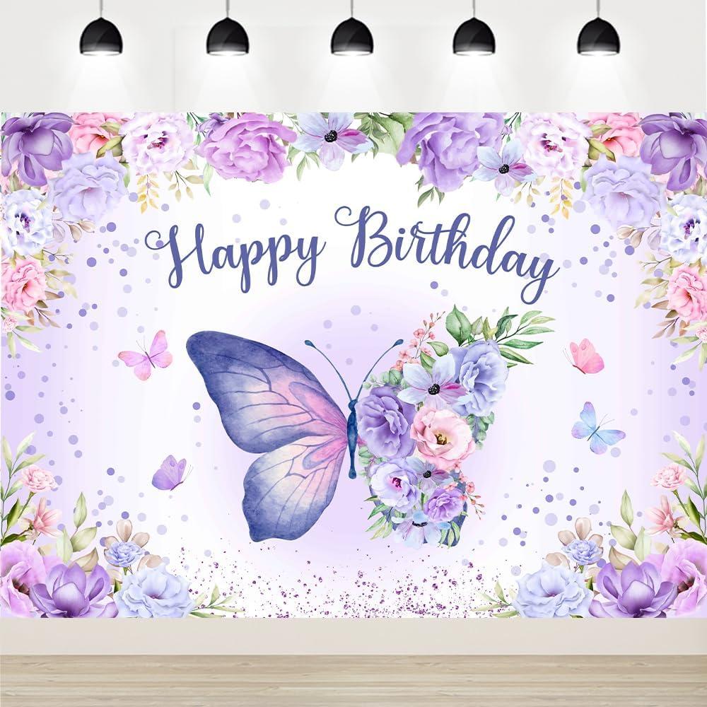 Butterfly Birthday Backdrop for Girls Women 7x5Ft Purple Butterfly Birthday Banner Decorations Purple Backdrop Party Decor (84x60 inch)
