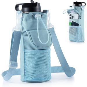 Water Bottle Holder with Strap for Hydroflask 32oz 40oz, Carrier Sling Bag with Phone Pocket Water Bottle Sleeve for Men Women Hiking Camping Travelling (Blue)