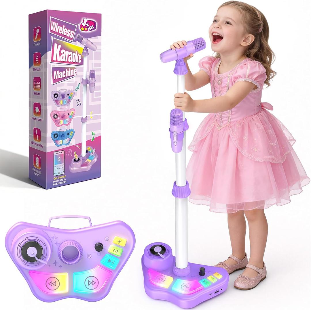 Stand Karaoke Machine for Kids, Singing Toys Gifts for 3 4 5 6 7 8 Year Old Girls Boys, Rechargeable Kid Microphone Bluetooth Speaker with 2 Wireless Mic for Girl Age 4-6 Toddler Birthday Party Toy