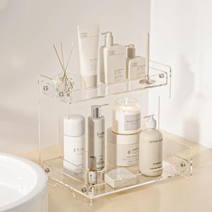 Bathroom Counter Organizer Countertop 2 Tier Storage Acrylic Corner Makeup Organizer for Perfume Stand, Vanity Holder, Dresser Tray, Spice Rack, Skincare, Coffee Bar, Room Decor (Clear)