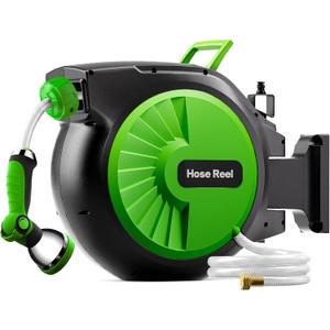 Retractable Garden Hose Reel 100FT x 1/2 in, Wall Mount Water Hose Reel for Outside with Auto Rewind, Tangle-Free Guide, 180 Swivel Bracket, Lock at Any Length, High-Pressure Flow, 10-Pattern Nozzle