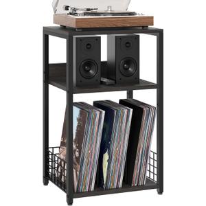 LELELINKY Large Rustic Grey Record Player Stand, 3 Tier 18" Wide Big End Table with Vinyl Storage Up to 130 Albums, Industrial Turntable Printer Tables, Modern Side Tables for Living Room, Office