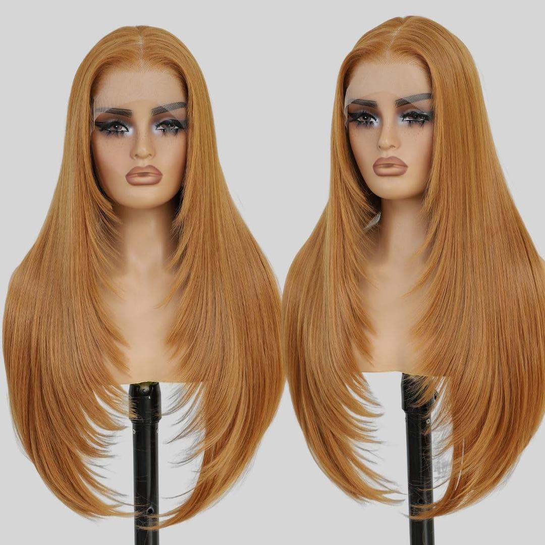 13x4 Synthetic Lace Front Wigs Pre Plucked 26 Inch Long Layered Ginger Straight Wigs For Women 100% Futura Premium Fiber Ready to Wear Wig With Bangs Beginner Friendly Daily Party Use