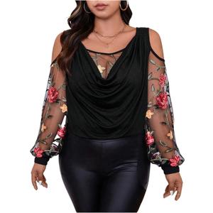 WDIRARA Women's Plus Size Floral Embroidered Tees Sheer Mesh T Shirt Cold Shoulder Long Sleeve Tops (XX-Large Plus, Black)