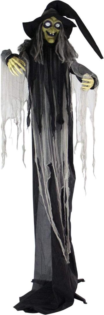 Haunted Hill Farm 9.5-Ft. Animatronic Witch, Indoor or Covered Outdoor Halloween Decoration, Prop With Light-up White Eyes, Poseable and Battery Operated Fright Prop for Home