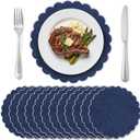 Set of 12 Navy Blue Cotton Placemats 15 Inch Round Scalloped Embroidery Placemats Washable Double Layered Rustic Table Mat Fabric Napkins for Wedding Table Decor