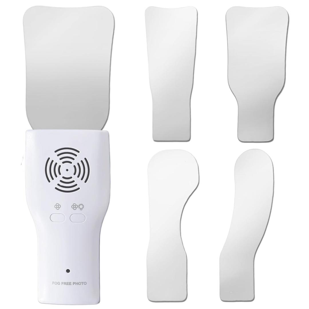 Fog-Free Dental Occlusal Photographic Mirror Device with 4 Rhodium Intraoral Reflective Mirrors for Dentistry, Anti-Fog Fan and LED Lighting Handle with Plated Glass Reflectors Oral Inspection Kit