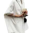 GORGLITTER Women's Button Down Shirt Dresses Striped Oversized Long Sleeve Collared Tunics High Low Blouse Tops with Pockets White Medium