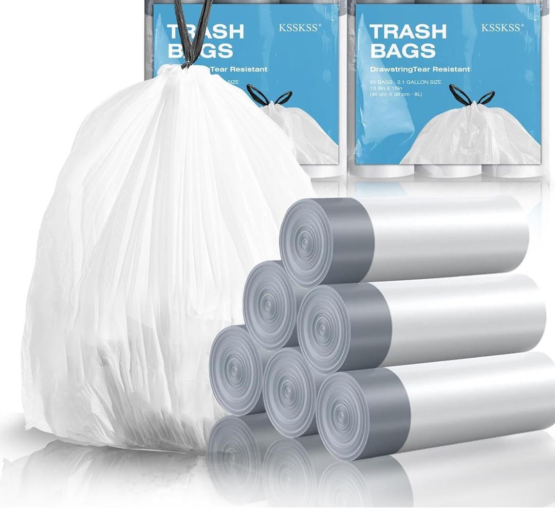120 Counts 1.6 Gallon Mini Drawstring Trash Bags, Small Garbage Bags by KSSKSS, Code a fit 4.5-8 Liter, 1.2-2 Gal, White Trash Bin Liners for Home Office Kitchen Bathroom Bedroom