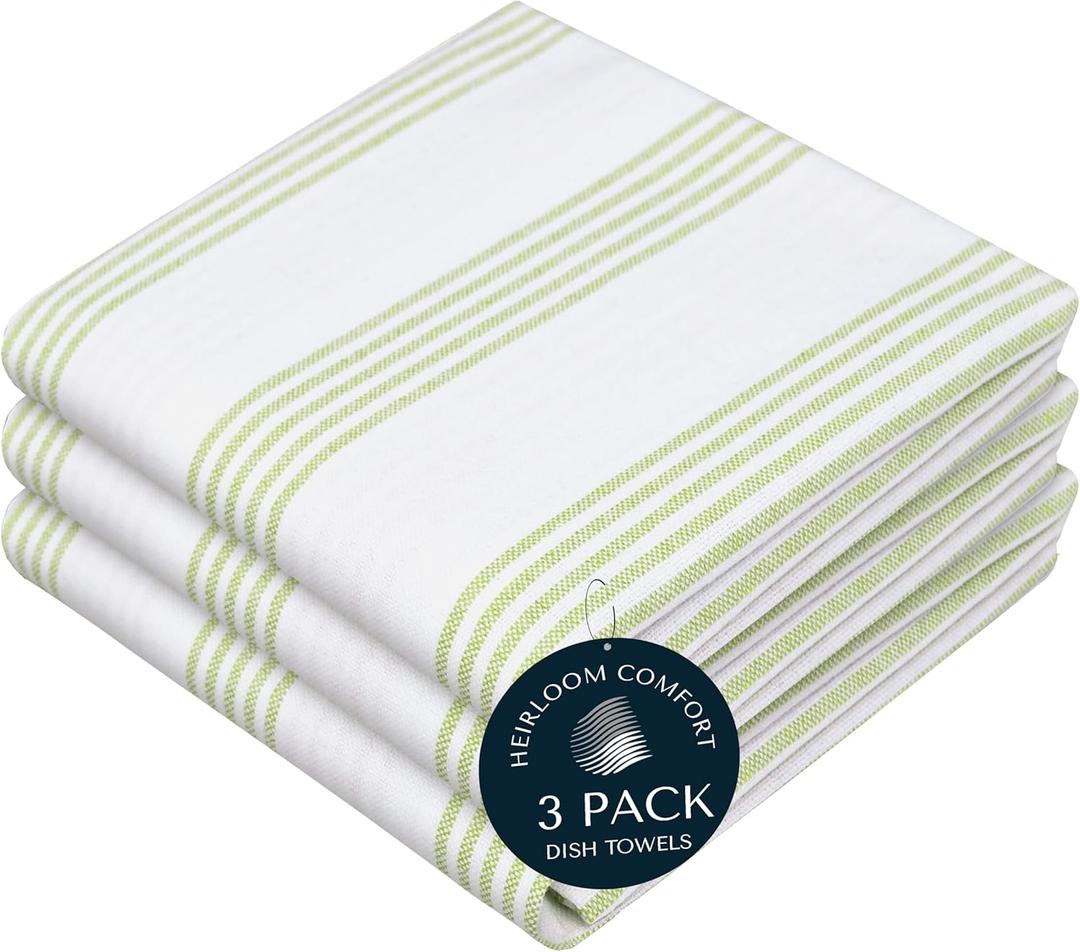 Lemon Green Stripe Kitchen Towels (3 Pack), 100% Cotton, Multi Pin Striped, Super Absorbent & Durable Dish Cloths, Quick Dry Towel Set for Drying Dishes, Everyday Kitchen Cleaning