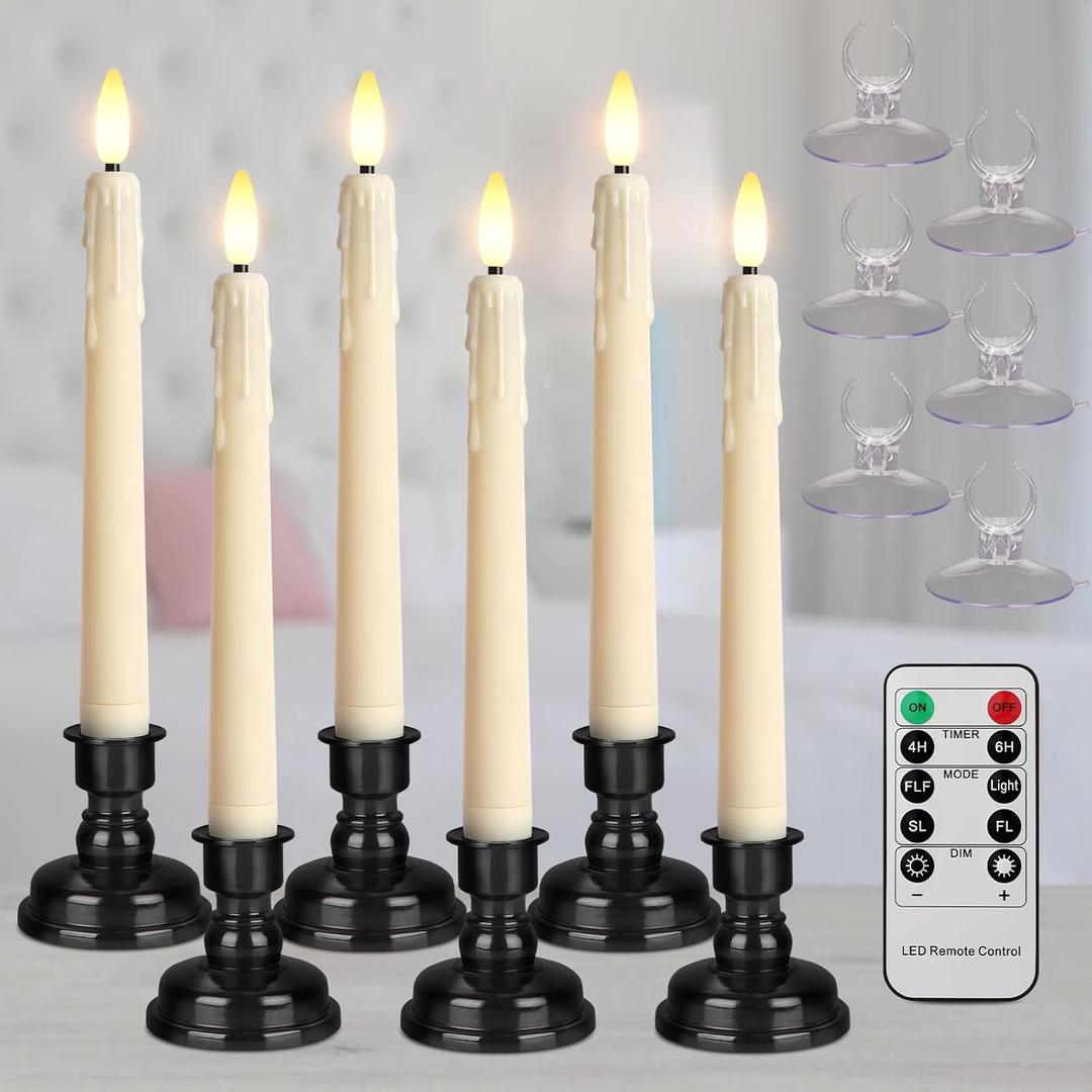 Battery Operated LED Window Candles with Remote Timer, 8 Inches Ivory Flameless Taper Flickering Candles, Removable Black Candlesticks and Suction Cups, Holiday, Home Decor, 6 Pack