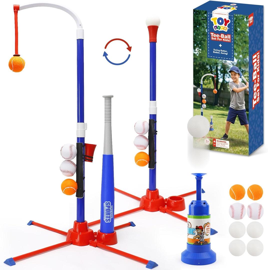 TOY Life 3-in-1 tBall Set for Kids 3-5, Adjustable Toddler T Ball Training Set with Bat, Toddler Baseball Set Semi-Automatic Launcher, Hanging Tee, Soft & Dog Play Balls, Fun Sports Set for Ages 3+