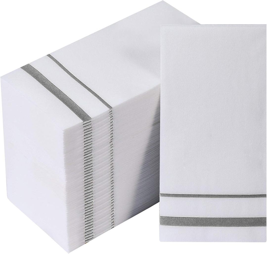 FOCUSLINE 200 Linen Feel Disposable Bathroom Napkins, Soft and Absorbent Paper Guest Towels, Cloth-Like Hand Towels Decorative Paper Napkins for Parties, Weddings, Dinners or Events, Silver, 12" x 17"