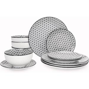 CQN&ZXD Dinnerware Sets, 12-Piece, Crystal Aesthetics Embossed Dish Plates and Bowls Sets, Service for 4, Dinner Salad Dessert Plates, and Cereal Bowls Set, Post-Modern, Black Decal and White Relief