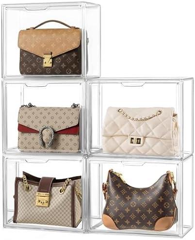 HBlife 5 Pack Purse Storage Organizer for Closet, Medium Clear Stackable Handbag Display Case Box with Magnetic Door for Collectibles, Cosmetics, Women Heels and Toys Missing Couple Items