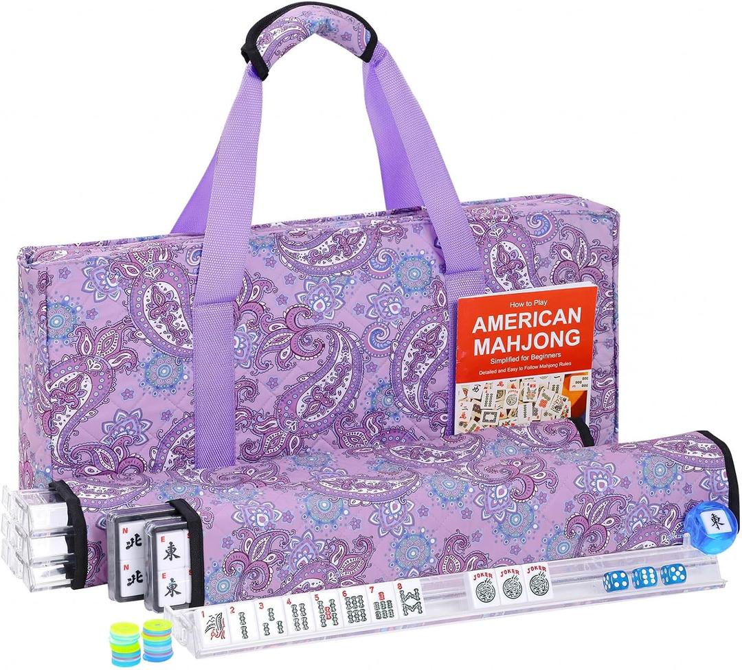 American Mahjong Tile Set, 166 White Tiles Mahjong Set, 4 Transparent All-in-One Racks/Pushers, Complete Game Set with Purple Printed Carrying Bag