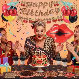137 Pcs Cheetah Cherry Birthday Decorations Set for 24 Guests, All-in-one Set with Pre-strung Banner, Balloons, Tablecloth, Disposable Dinnerware for Leopard Cherry Birthday Party Supplies