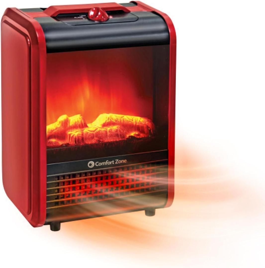 Comfort Zone Electric Mini Fireplace Space Heater with Realistic 3D Flame, Stay-Cool Body, Carry Handle, Overheat Sensor, and Safety Tip-Over Switch, Ideal for Home, Bedroom, & Office, 1,200W, CZFP1