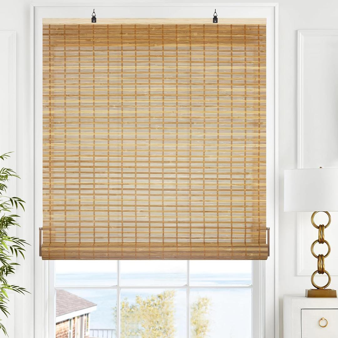 LazBlinds Cordless Bamboo Blinds, Roll Up Shades for Windows, Light Filtering Hanging Window Blinds, Bamboo Shades for Patio Indoor/Outdoor Porch, 33'' W x 64'' H, Squirrel
