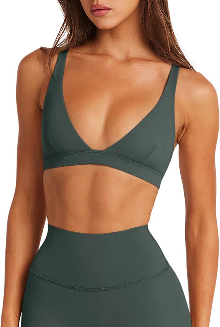 LASLULU Womens Deep V-Neck Sports Bra Padded Wireless U Back Workout Bra Low Impact Gym Workout Yoga Crop Tops, Small