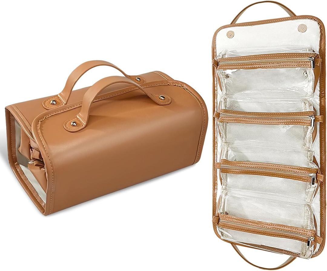 Poyetiz Toiletry Bag for Women, Travel Makeup Bag,Portable 4-in-1 Foldable Cosmetic Bag Detachable Pouches (Brown)