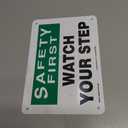 Accuform MSTF902VP Sign, "Safety First Watch Your Step", 7" Length x 10" Width x 0.055" Thickness, Plastic, 7" x 10", Green/Black on White