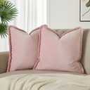 JUSPURBET Pink Decorative Velvet Fringe Throw Pillow Covers 16x16 Set of 2 Boho Soft Cushion Case for Home Decor Living Room Couch Sofa Bed