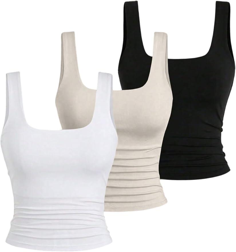 BEAUDRM Women's Y2k Double Lined 3 Piece Crop Tank Top Sets Square Neck Sleeveless Ruched Tee Shirt Basic Tops Pack White Black Khaki Small