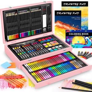 Caliart Art Supplies, 153-Pack Deluxe Wooden Art Set Crafts Drawing Painting Coloring Supplies Kit with 2 A4 Sketch Pads, Halloween Creative Gift Box for Adults Artist Beginners Kids Girls Boys (Pink)