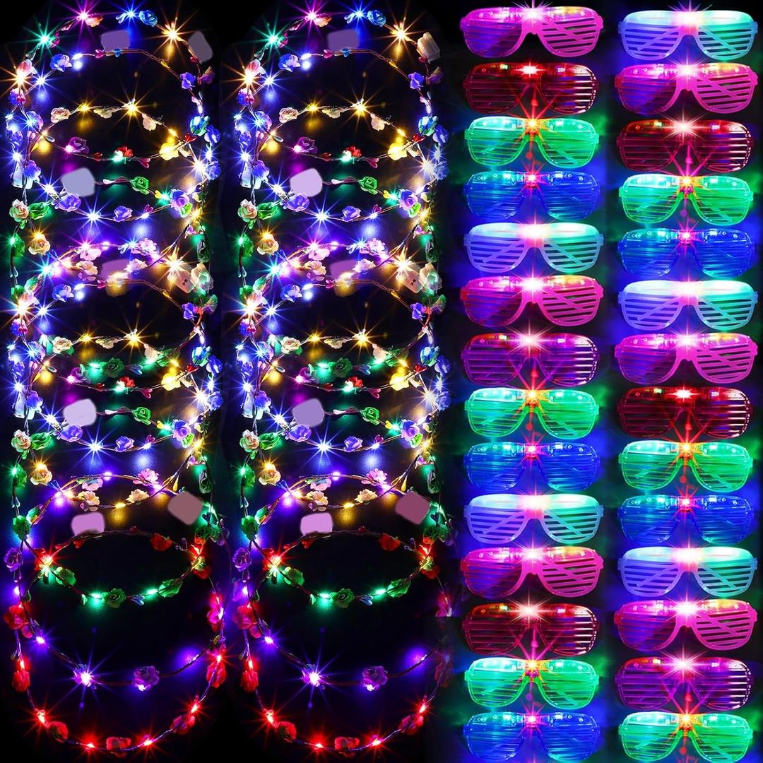 Honoson 48 Pack Glow in The Dark Party Supplies LED Glasses Light up Glasses LED Flower Crown Headband Multicolor Flower Wreath for Adults Neon Birthday Party Favors