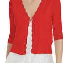 Women's Short Sleeve Cropped Cardigan Button Down Sweater Lightweight Knit Shrugs (Red, XL)