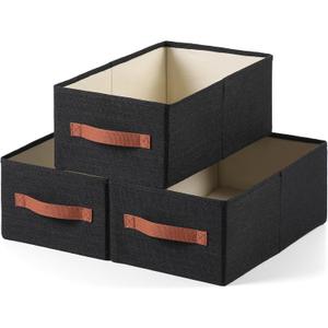 linen closet organizers and storage, 3 Pack Large Storage Baskets, Washable, Clothing Storage Bins with Handle, Closet Organizer for Storage Sweater,Sheets (Black, 16"x9½"x6¾")