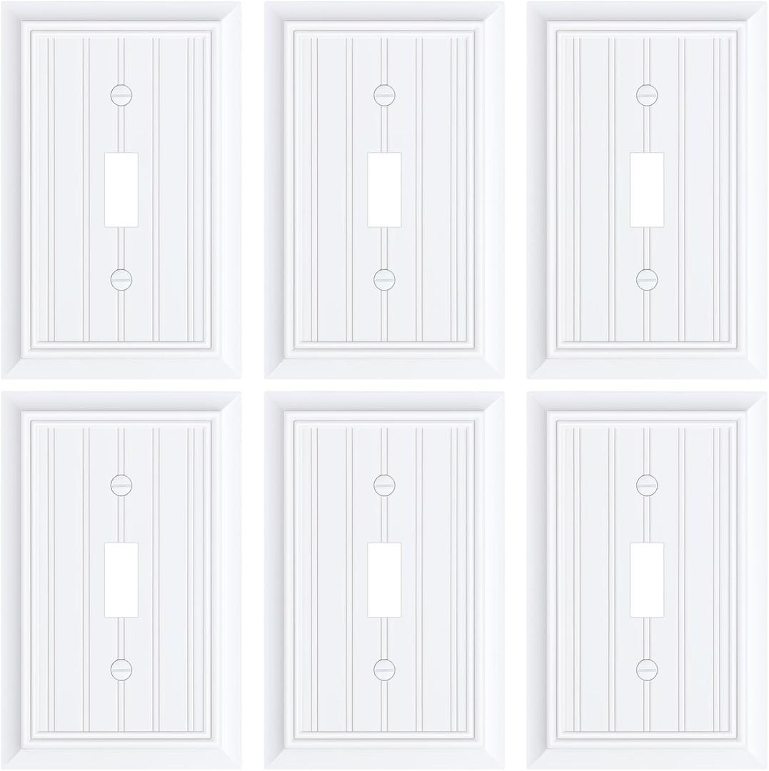 6-Pack Classic Beadboard Single Toggle Light Switch Cover Plate, Durable Natural Bamboo Fiber Decorative Switch Plate Covers, Pure White 1 Gang Wall Plate