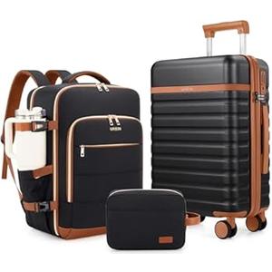 UKEIN Luggage Sets 3 Piece, Carry On Luggage 20In With Spinner Wheels,PC Hardside Suitcase Set with TSA Lock,Durable Carry On Suitcase With Travel Backpack for Men (Beige, 3 piece set (20inch))