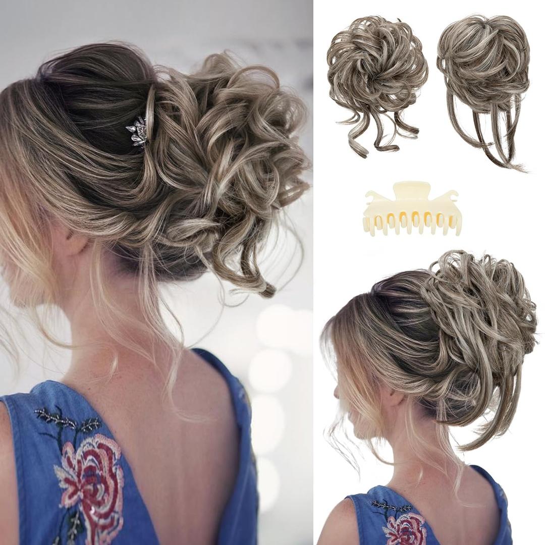 SARLA 2PCS Grey Messy Bun Hair Pieces for Women Detachable Claw Clip Wavy Curly Synthetic Hairpieces for Updos with Tendrils Fake Scrunchies Ponytail Extension Ash Grey
