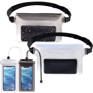 4 Pack Waterproof Fanny Pack with Waist Strap Waterproof Phone Pouch Dry Bag for Kayaking Pool Swimming Boating Beach Fishing Travel Diving Surfing (Black & White, 2 Fanny Pack + 2 Pouch Bag)