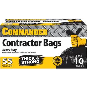Commander 55 Gallon 3 MIL (eq) Heavy Duty Contractor Bags with Flap Ties - 36" x 56" with flaps - Pack of 10 - For Contractor, Industrial, & Outdoor