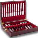 GENRICE Wooden Silverware Chest without Silverware, Silverware Box Storage for Silver, Silverware Case with Handle and Felt Lined, Flatware Chest for 12 sets of Utensils