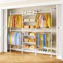 ULIFHOME M6 Clothes Rack for Wall Mounted, Heavy Duty Closet Wardrobe System with 8 Shelves and 4 Hanger Rods, 68.5" W x 11.8" D x 86.6" H Clothing Storage Organizer for Holding 1064lbs, White